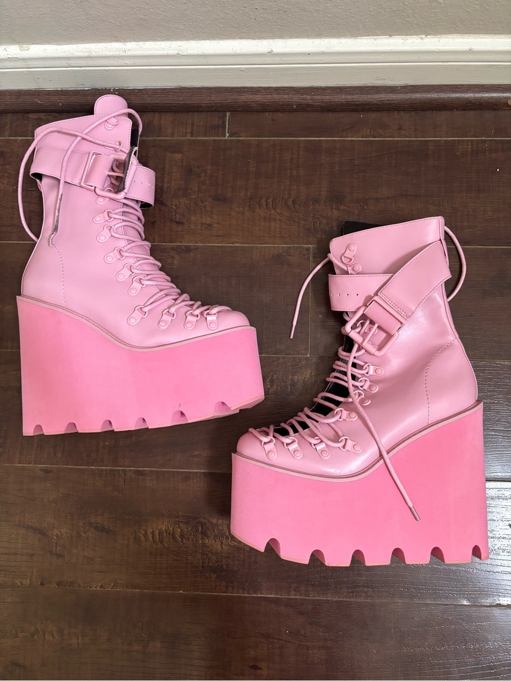 Statement Pink Platform Lace-Up Ankle Boots with Buckle Strap